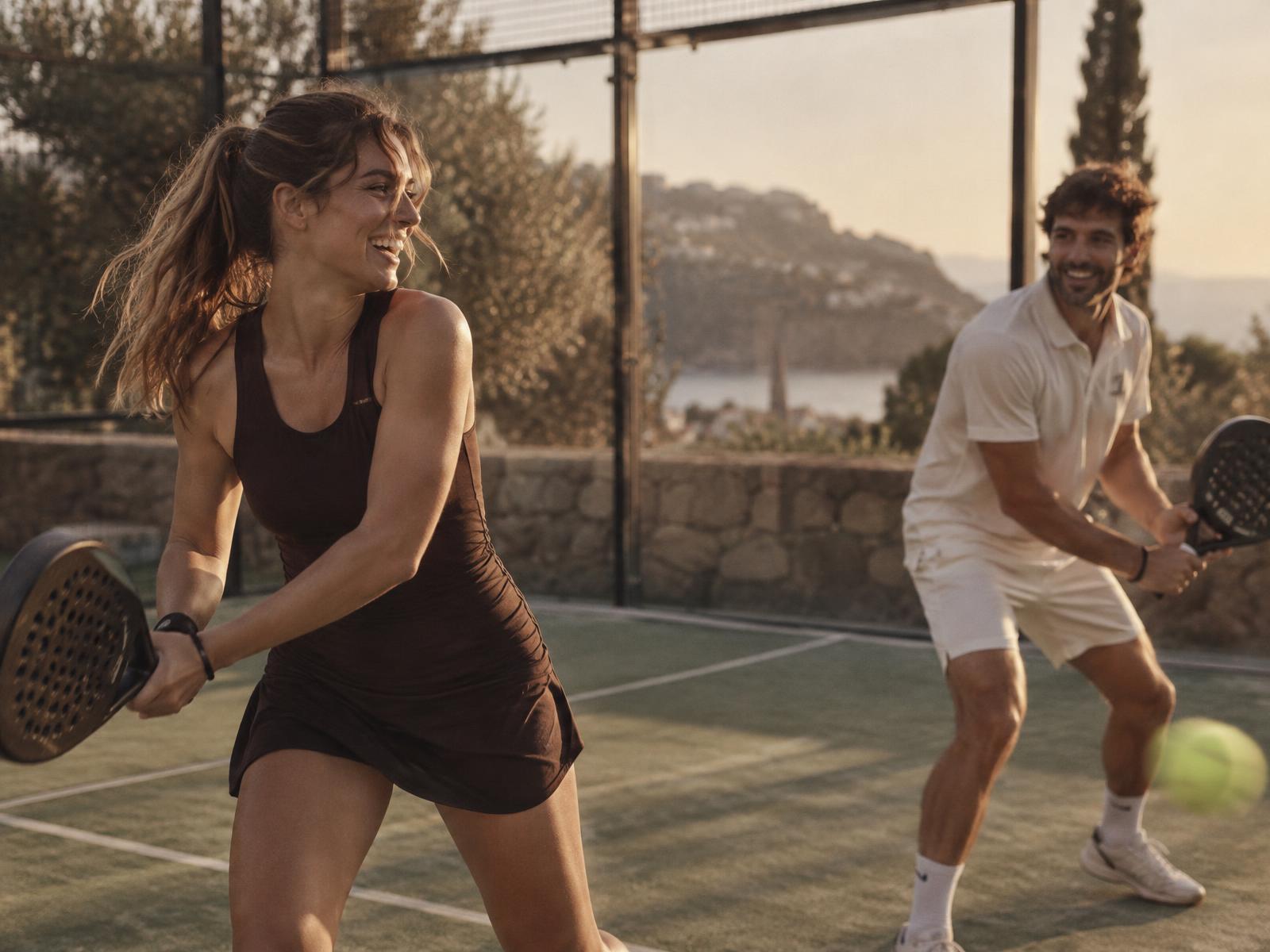 Friends playing padel together on an outdoor court